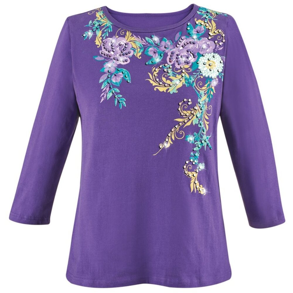 New XXL Purple Cascading Floral Sparkling Sequin 3/4 Sleeves Knit Top